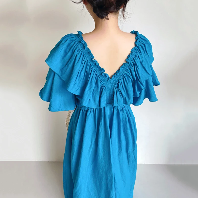 

Korejpaa Women Dress 2021 Summer Korean Fashion Retro V-neck Rope Tie with Wood Ear Ruffles Pleated Waist Fly Sleeve Vestidos
