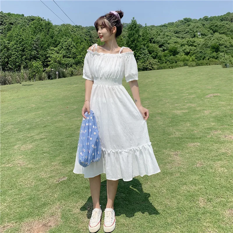 Платье женское с круглым вырезом белое платье средней длины на тонких бретелях