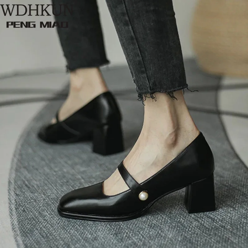 

2020 New Fashion Women Shoes Square Toe Mary Janes Shoes Square Heel Dress Shoes Pearl Buckle Pumps High Heels Office Shoe