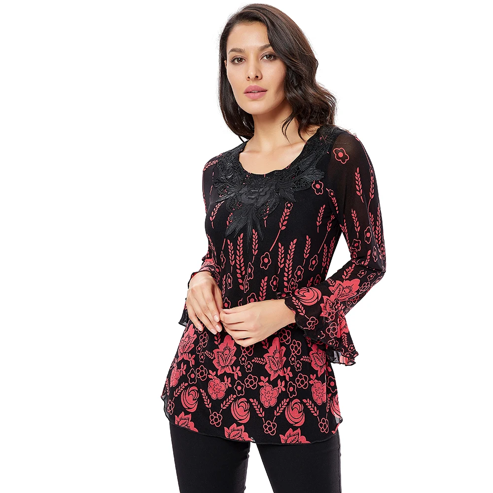 YTL Womens Tops and Blouses Applique Crochet Autumn Long Sleeve Ladies Vintage Floral Print Tunic Shirt 6xl 7xl 8xl H028 |