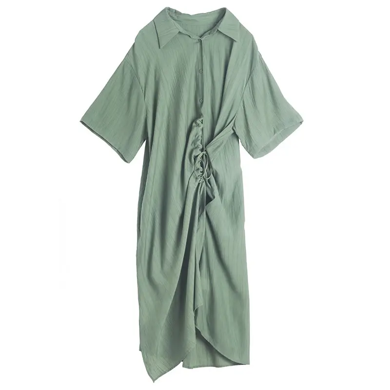 

XITAO New Casual Shirt Dress Solid Color Irregular Draw String Fold Bandage Splicing Buttons Summer Fashion Loose Casual WMD1884