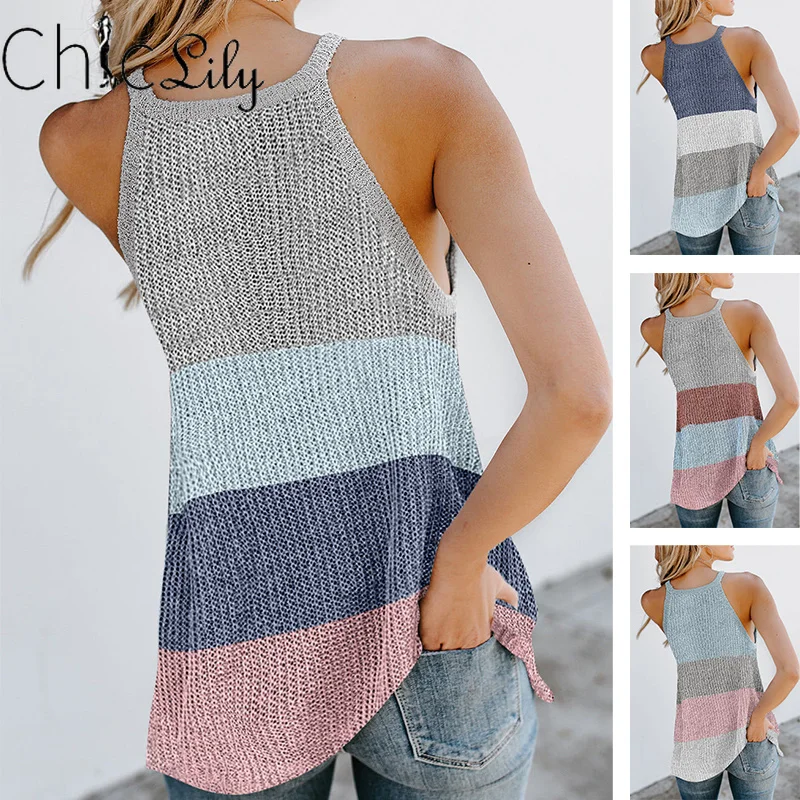 

Chiclily Halter Round Neck Sleeveless Vest Casual Loose Tops Women Stripe Contrast Knit Pullover Summer Ladies Street Style Top