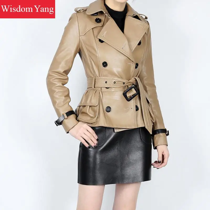 Autumn Khaki Sheepskin Genuine Leather Jackets Short Womens Coats Ladies Tops Trench Jacket Coat Slim Female Overcoat Outerwear
