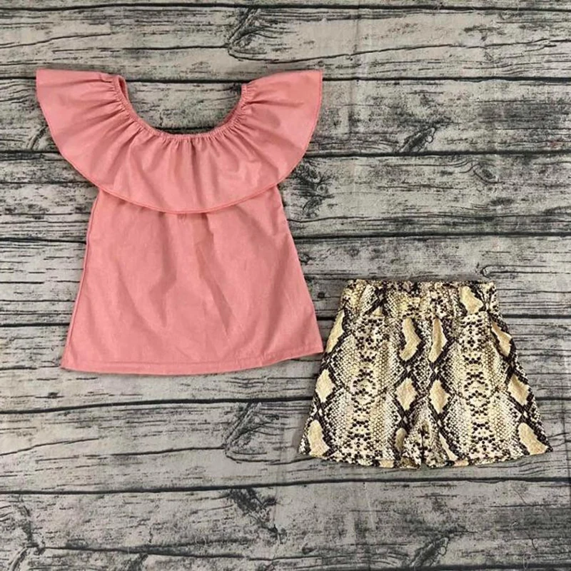 

Boutique Summer Kids Clothing Toddler Baby Girls Fashion Solid Top Snakeskin Print Ruffle Shorts Sets Children Outfit Clothes