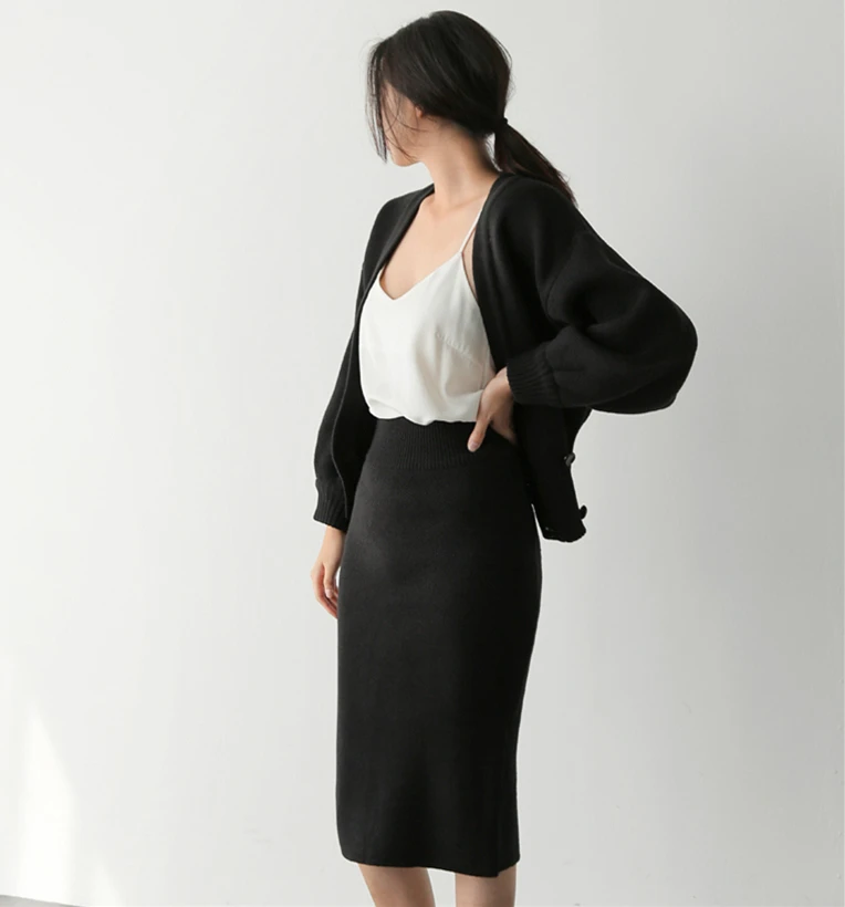 Two Pieces Loose warm winter Women Sweaters Skirts Solid puff Sleeve Female Woman Knitted girls Sweater Tops Mi-long Skirt |