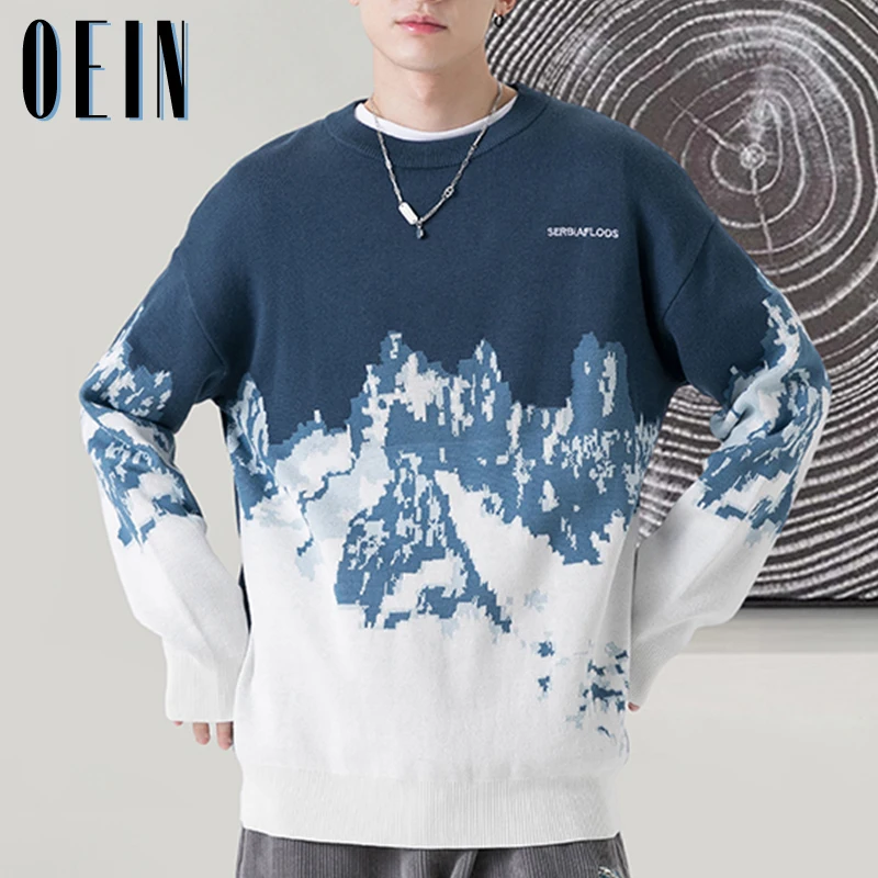 

2021 New Sweater Men Winter Clothes Autumn Korean Warm Streetwear Mens Sweaters Mens Harajuku Iceberg Mountain Printed Pullovers