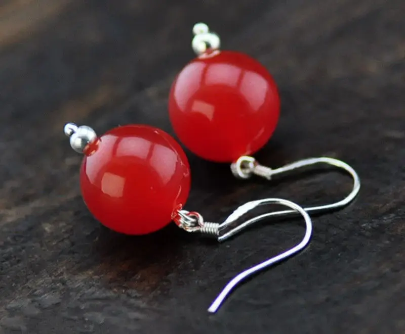 + Ручной работы 12 мм Гладкий красный нефрит Серебряный крючок Висячие серьги 18 к GP
