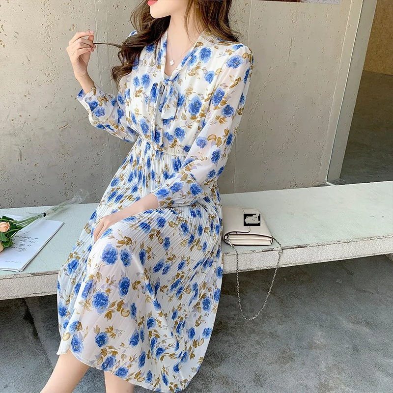 Hebe&Eos New Autumn Elegant Chiffon Dress 2021 Vintage Floral Print Boho Dress Woman Long Sleeves Pleated Midi Dresses Vestidos