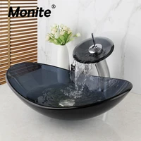 monite black transparent glass bathroom mixer basin washbasin brass faucet set oval washroom basin vessel vanity sink w drain