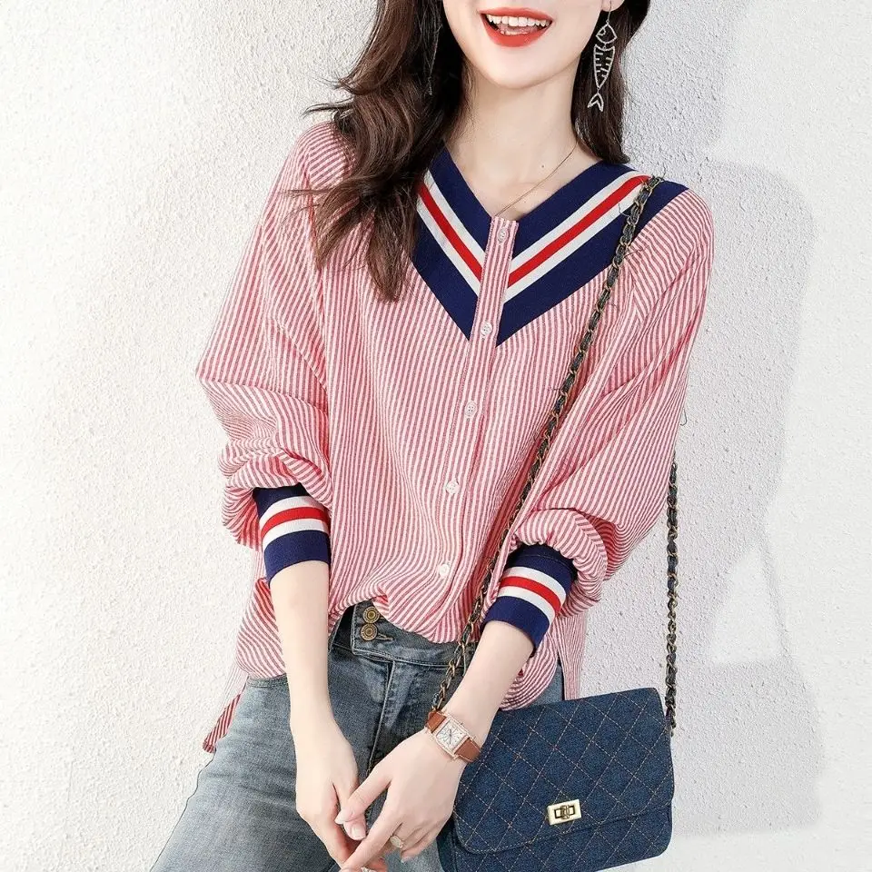 

2021 Spring New Age Reduction Temperament Stripe Loose Skinny Shirt Women's Design Shirt Long Sleeve Backing Shirt