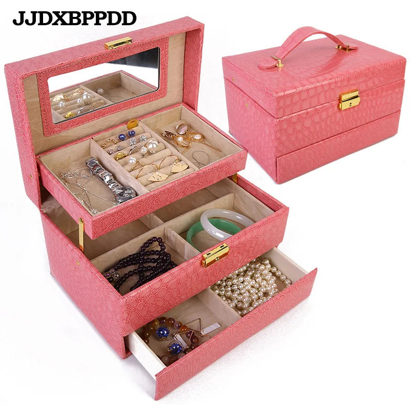 Goede Automatische Lederen Sieraden Draagtassen Drie-Layer Opslag Voor Vrouwen Oorbel Ring Decoratie Bijoux Cosmetische Organisator Kist