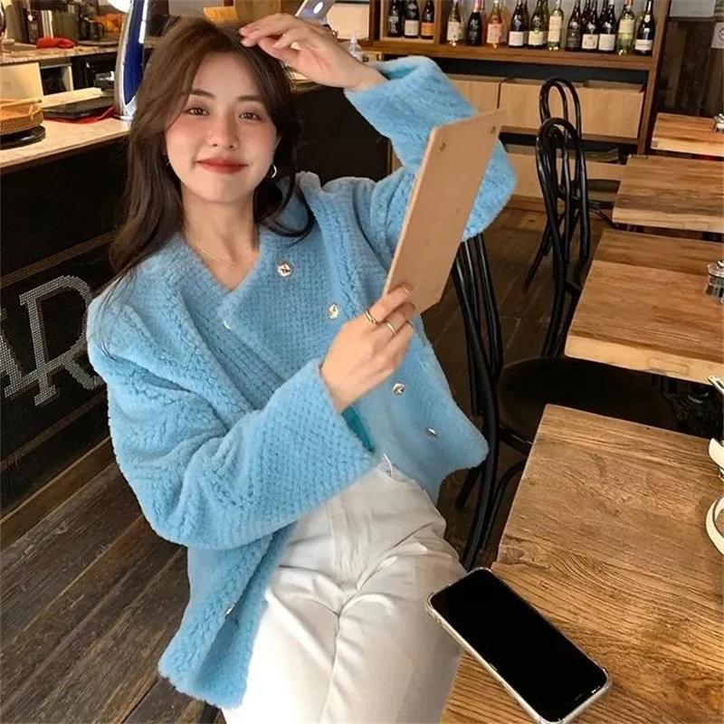 Elegant Double Breasted Faux Fur Coat Women Korean Streetwear Cropped Blue Fur Jacket Office Lady Luxury Designer Winter Coat