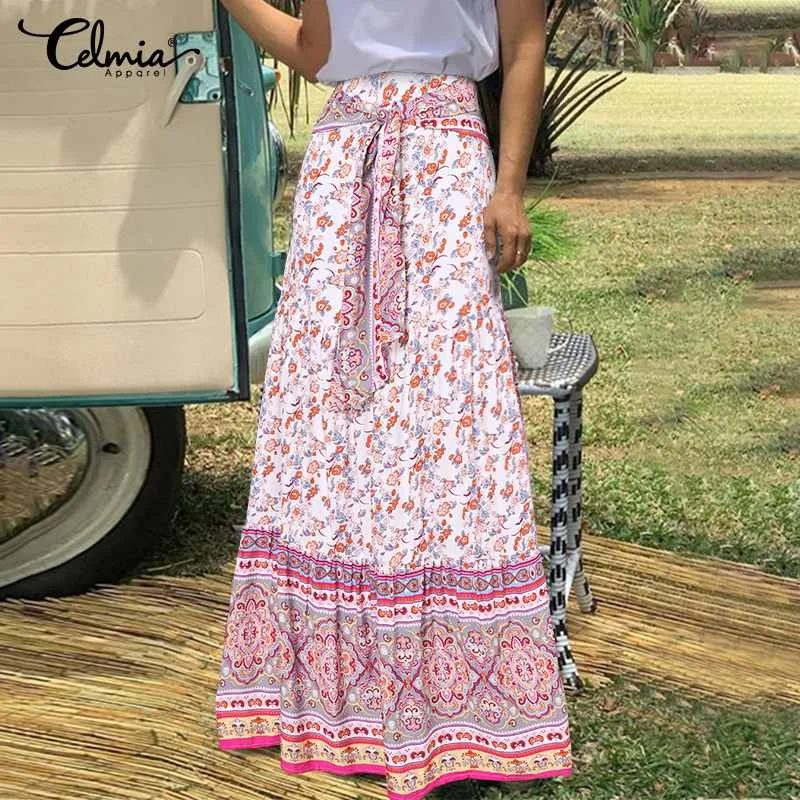 

Fashion Flowers Printed Maxi Skirts 2021 Celmia Women's Vintage Pleated Belted Long Skirt Casual Loose Party Skirt