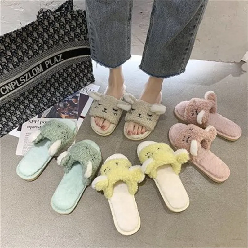 Женские пушистые тапочки зимняя теплая меховая обувь женские Симпатичные