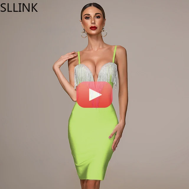 

2021 New Summer Women Sexy Rhinestone Tassel Deep V Neck Bodycon Bandage Dress Fashion Sleeveless Club Party Mini Dress Vestido