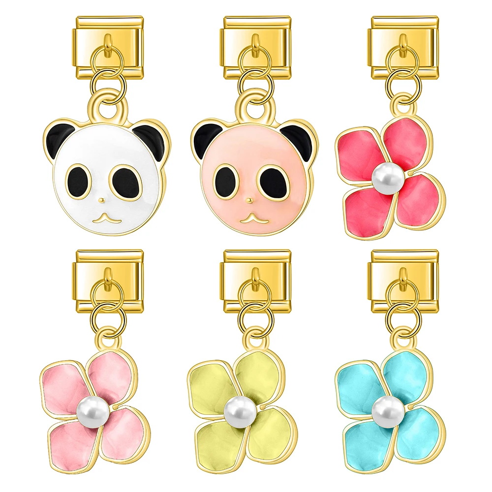 

Hapiship Gold Colour Glaze Flower Panda Head Charm Italian Links Fit 9mm Stainless Steel Bracelet Women Jewelry DIY Making DJ502