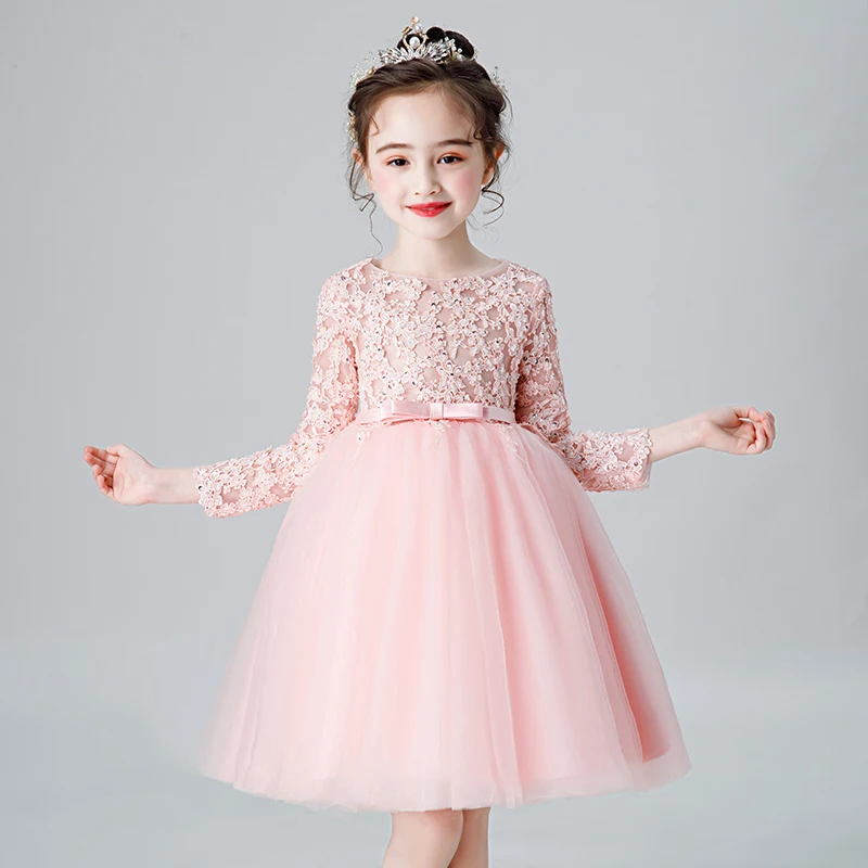 Розовое Тюлевое платье для девочек первого причастия кружевное с блестками