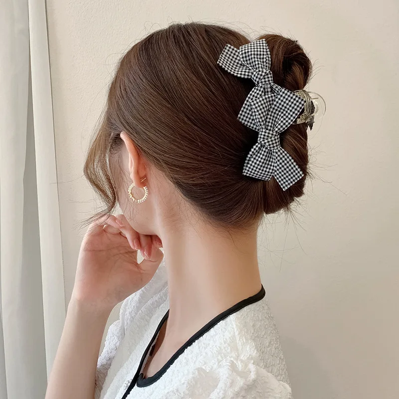 

2021 Japan and South Korea new net red houndstooth large fabric bow clip shark clip hairpin headdress hairpin female
