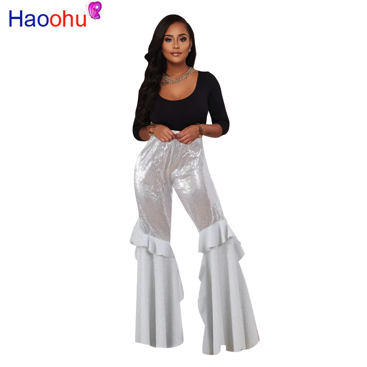 

Winter women sexy club high waist Flare pants Joggers Sequined Ruffles active wear elegant Street Night long trousers