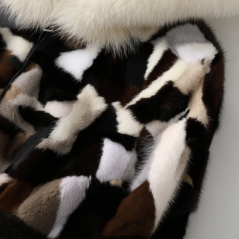Fox Fur Collar Hooded Mink Coat Autumn Winter New Multicolour Women Mink Fur Grass Jacket Printed  Zipper Splicing Soft Outwear