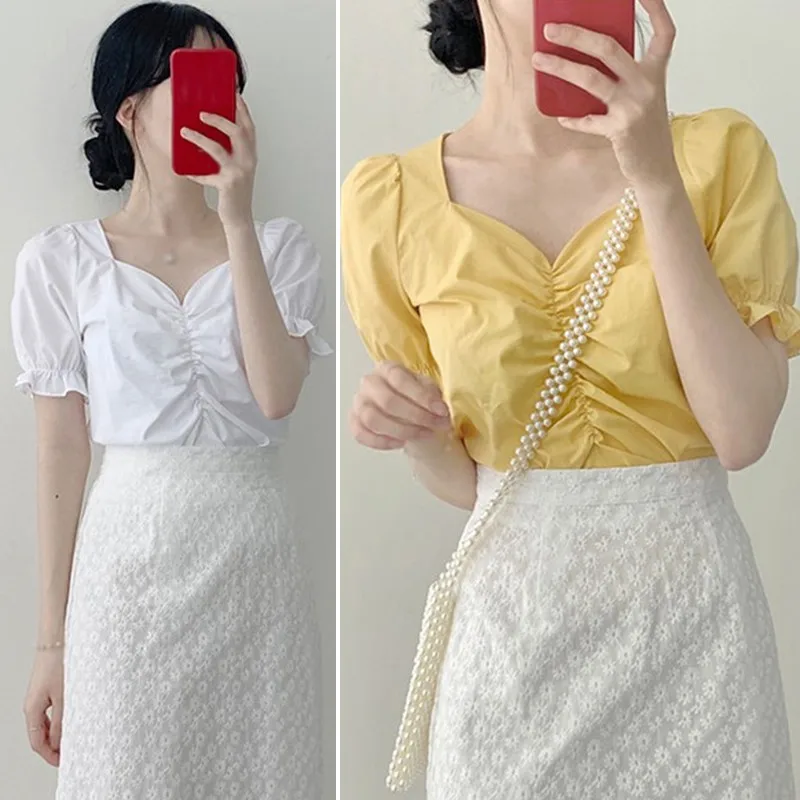 

Women Square Collar Summer Shirt Tops Retro French Style Blouses Short Sleeve Solid Color Blouses