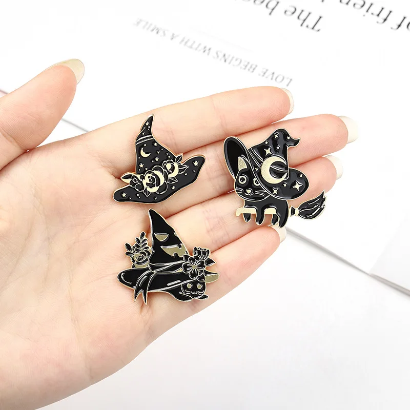

Custom Starry Wizard Hat Witch Cats Enamel Pins Brooch Bag Clothes Lapel Pin black Gothic Badge Witchcraft Jewelry Gifts Friends
