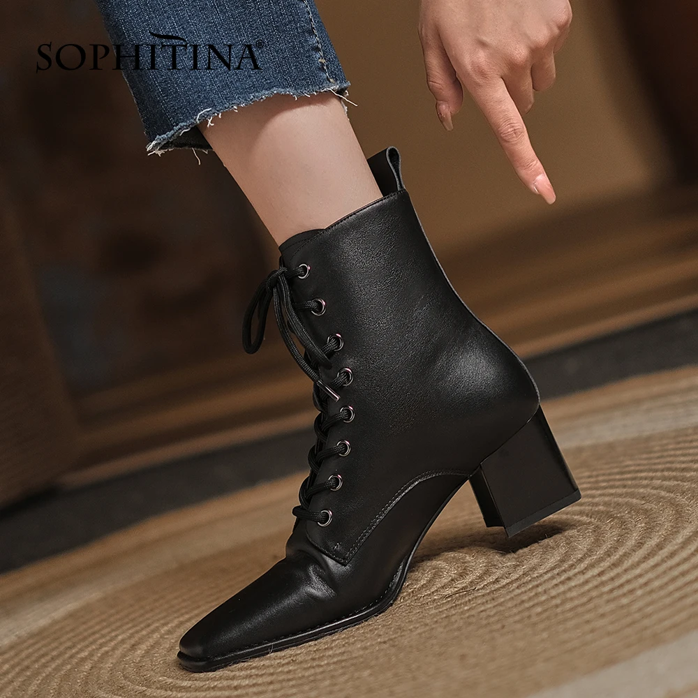 

SOPHITINA Retro Riding Boots Fomen Women Block Heel Square Toe Cross Lace-up Shoes Commuter Short Tube Daily Female Shoes HO283
