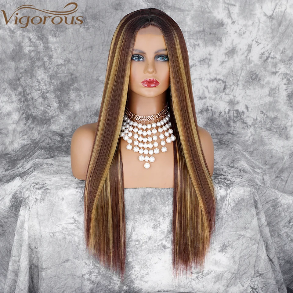 

Vigorous Synthetic Highlight Wig Long Straight Wig Brown Mixed Blonde Natural Wigs For Women Middle Part Black Brown Color Wigs