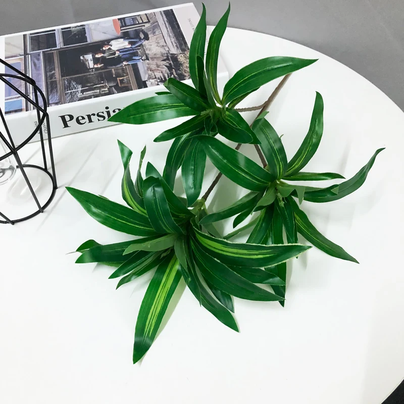 

36cm 3 Heads Tropical Artificial Plants Branch Fake Bamboo Tree Leaves Plastic Palm Foliage Airplant Grass for Room Party Decor