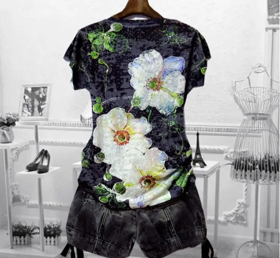 Модная популярная футболка с двойным принтом розы Новое поступление женская