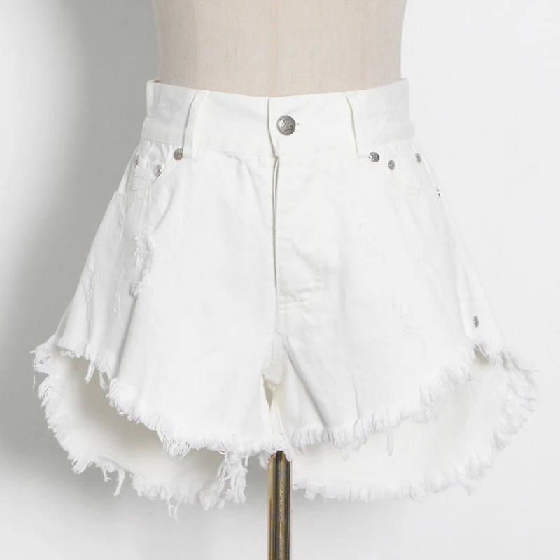 

VGH Causal Denim Short For Women High Waist Patchwork Tassel Pockets Streetwear Loose Korean Shorts Female 2021 Fashion Clothing