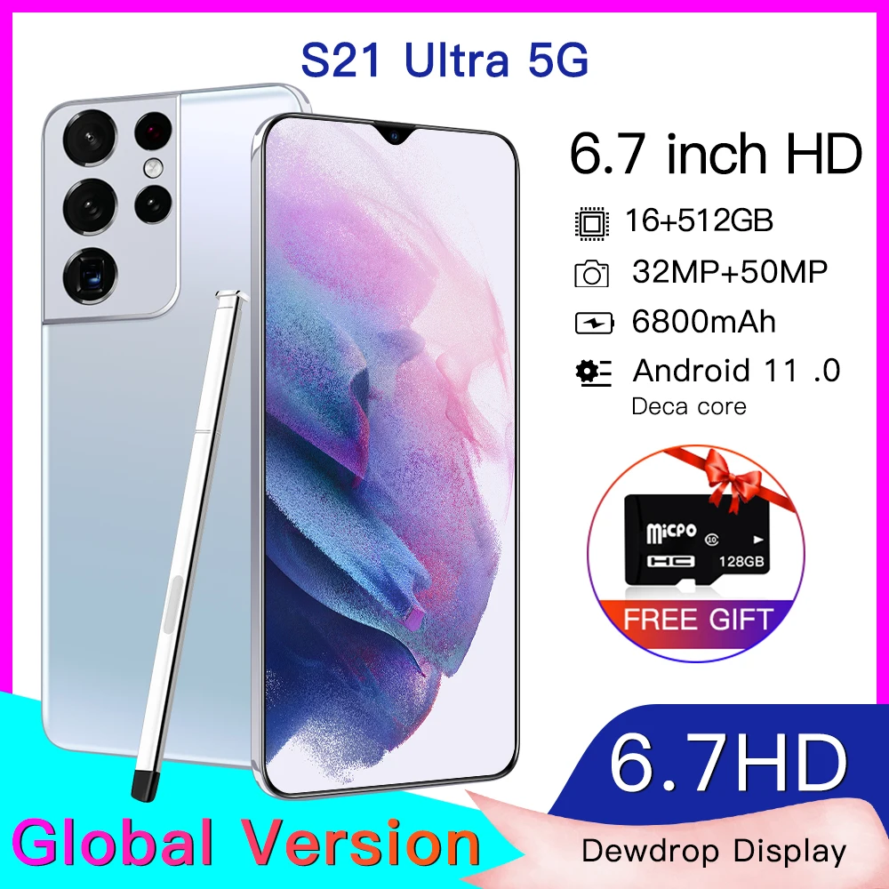 

New Global Version Galxy S21Ultra 5G 16GB 512GB 6.7-inch Android11 Smartphone 6800mAh Full Screen Deca Core LTE Internet Phones