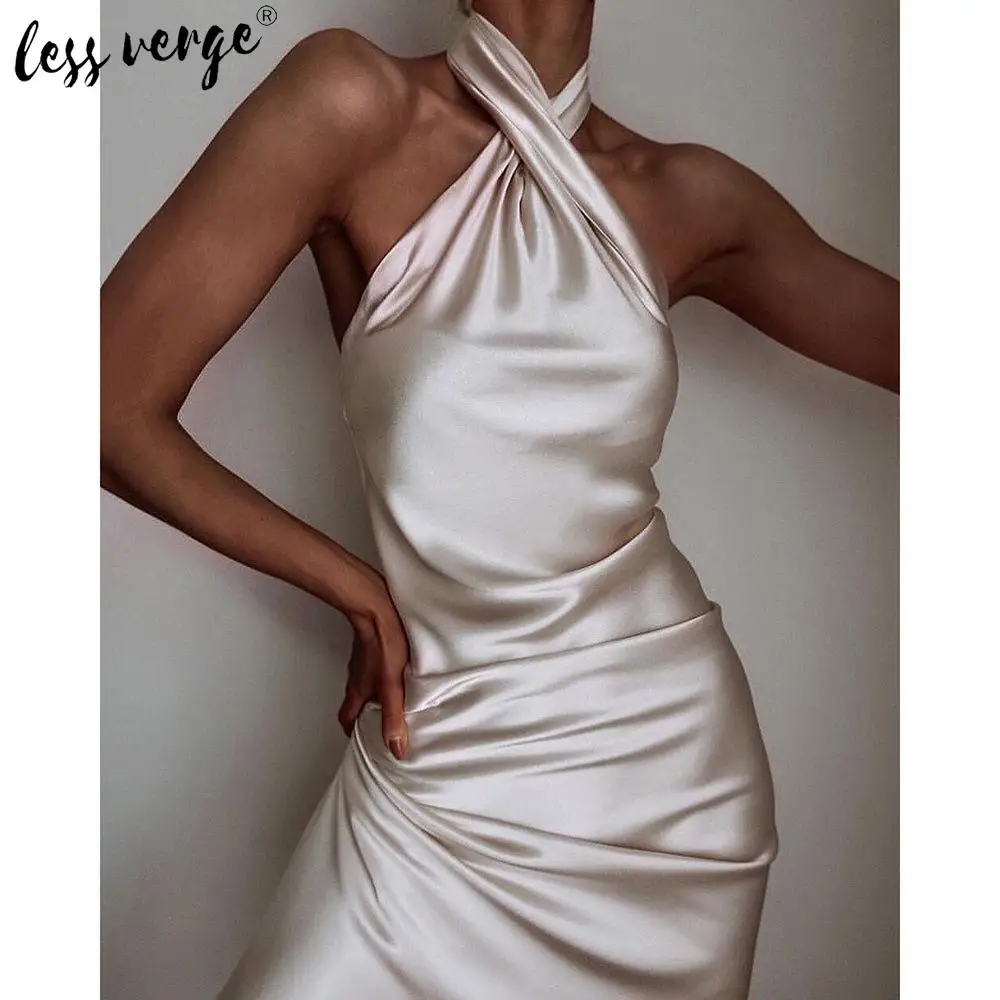 Lessverge Elegant Party Dress 2020 Spring Backless Women Sexy Club Bodycon Midi Halter Neck Solid Formal Long dress | Женская одежда