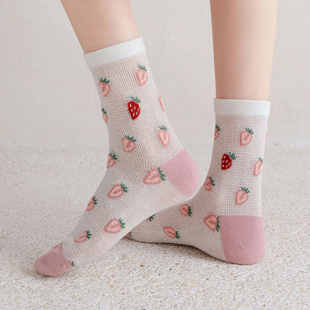 

New Pink strawberry Fruit Transparent Funny Socks Soft Cute Mesh Socks For Women Hosiery