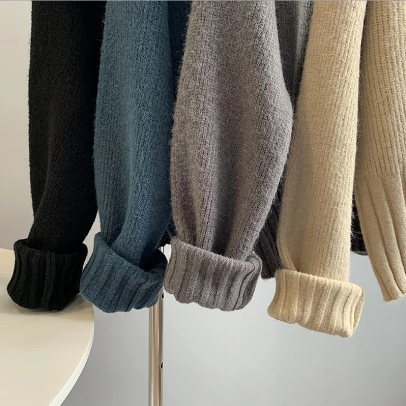 

Autumn and winter solid color vertical pattern waist bottoming shirt slimming women's long-sleeved round neck loose sweater