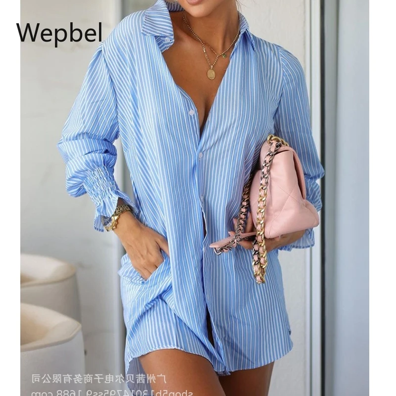 

Рубашка Wepbel с длинным рукавом, топы, синяя модная пикантная рубашка в полоску, женская летняя офисная рубашка, повседневные пикантные топы с...