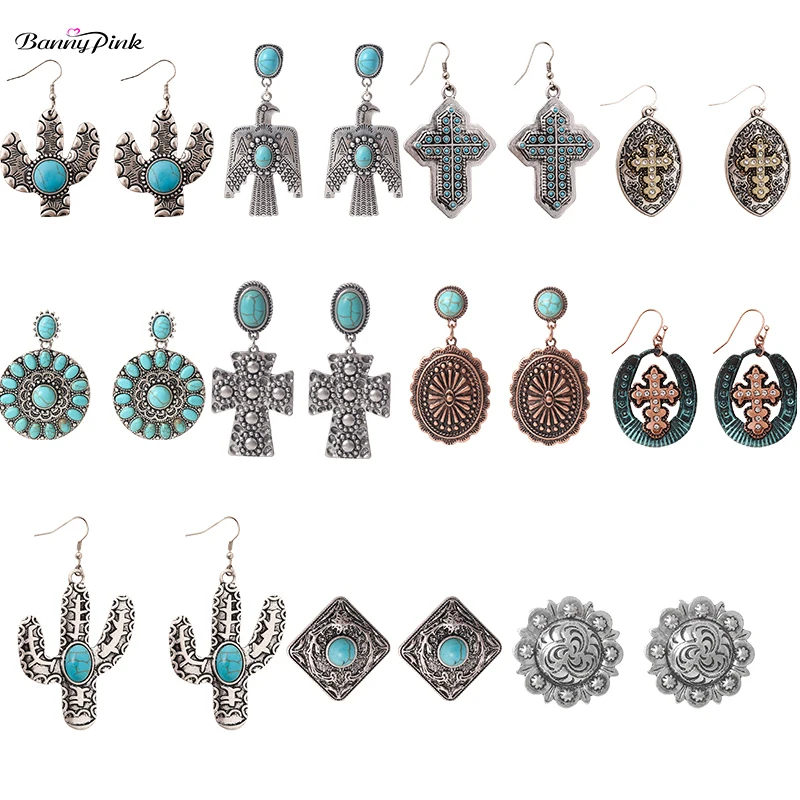 

Banny Pink Tribal Eagle Cactus Sunflower Statement Earrings For Women Religious Cross Stone Pendant Jewelry Brincos