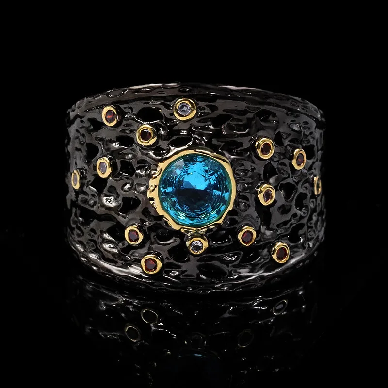 

Винтажное женское кольцо с черным Морской голубой кристалл цирконием, Изысканное вечернее ювелирное изделие из серебра 925 пробы, свадебное ...