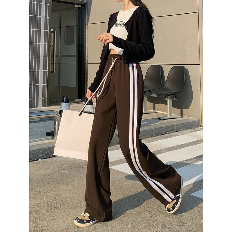 

Черные широкие брюки на шнуровке, женские стройнящие тренировочные брюки с высокой талией, Новинка весна-осень 2021, прямые свободные повседн...