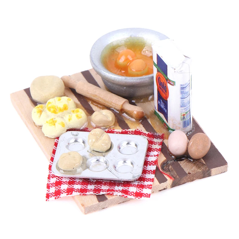 

1Set 1/12 Dollhouse Miniature Colorful Kitchen Food Eggs Milk Bread on Board for Kids Role Play Game Tableware Cookware