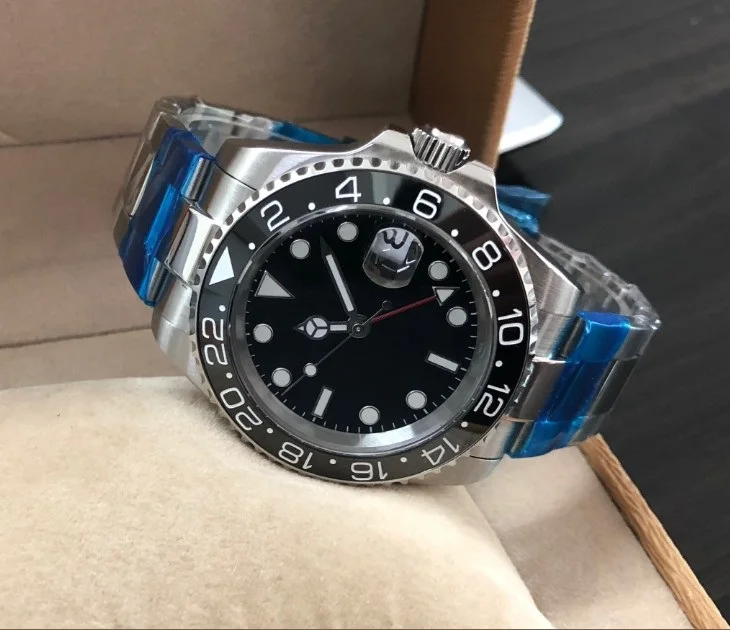 40 мм PARNIS GMT сапфировое стекло Черная Керамическая рамка Автоматическая
