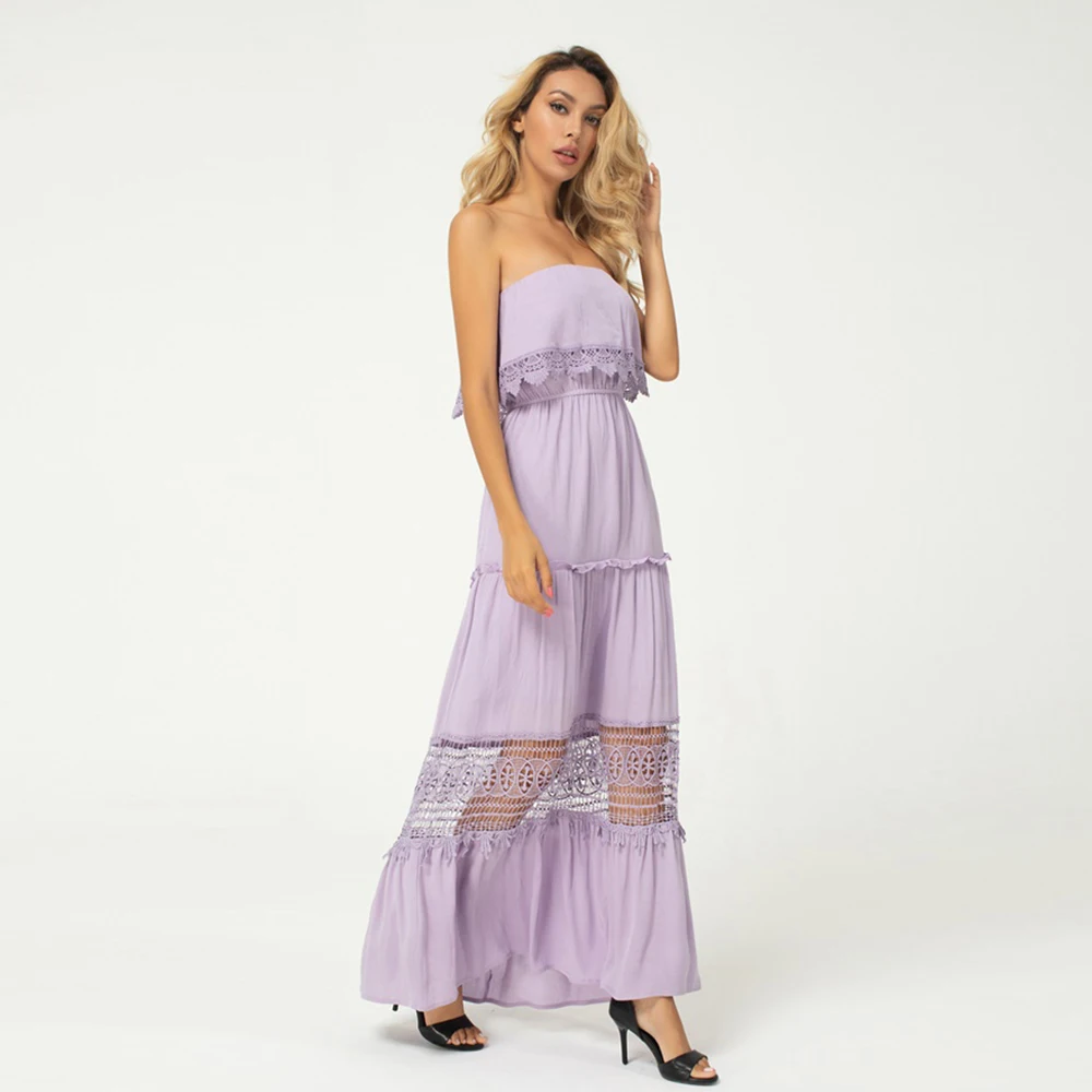 Женское пляжное платье без бретелек фиолетовое длинное трапеция из хлопка с