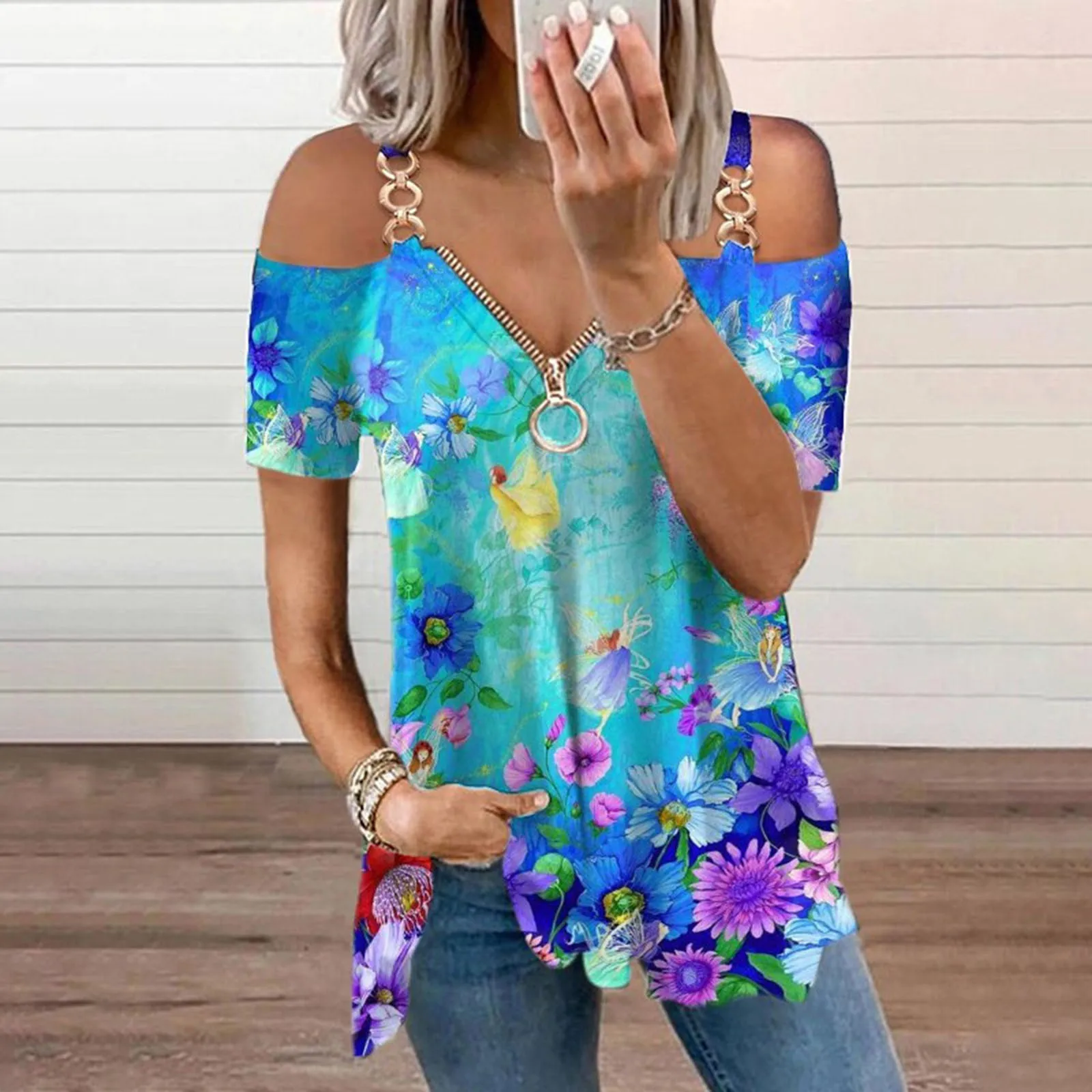 

2021 Ladies T-shirt Summer Sexy V-neck Zipper Strapless Short-sleeved Printed T-shirt Top Vest Fashion Casual Loose Top Shirts