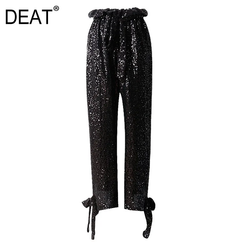 Брюки с высокой талией DEAT эластичные плиссированные брюки блестками и бантом на
