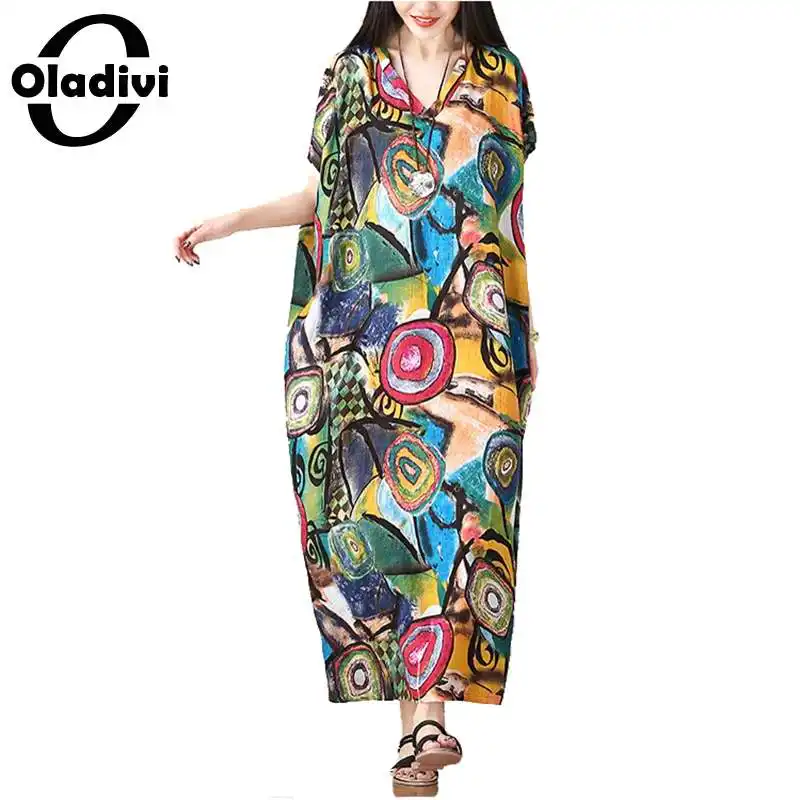 

Oladivi модное женское летнее длинное богемное платье большого размера с принтом, женская пляжная одежда, платья-туники 8XL 7XL 6XL 5XL 4XL