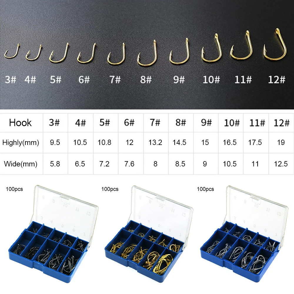 

100Pcs/Set Carbon Steel Fishing Hook Fly Fishing Hook With Hole Carp Fishing Gear Hooks Tackle 10 Compartments Carry Box