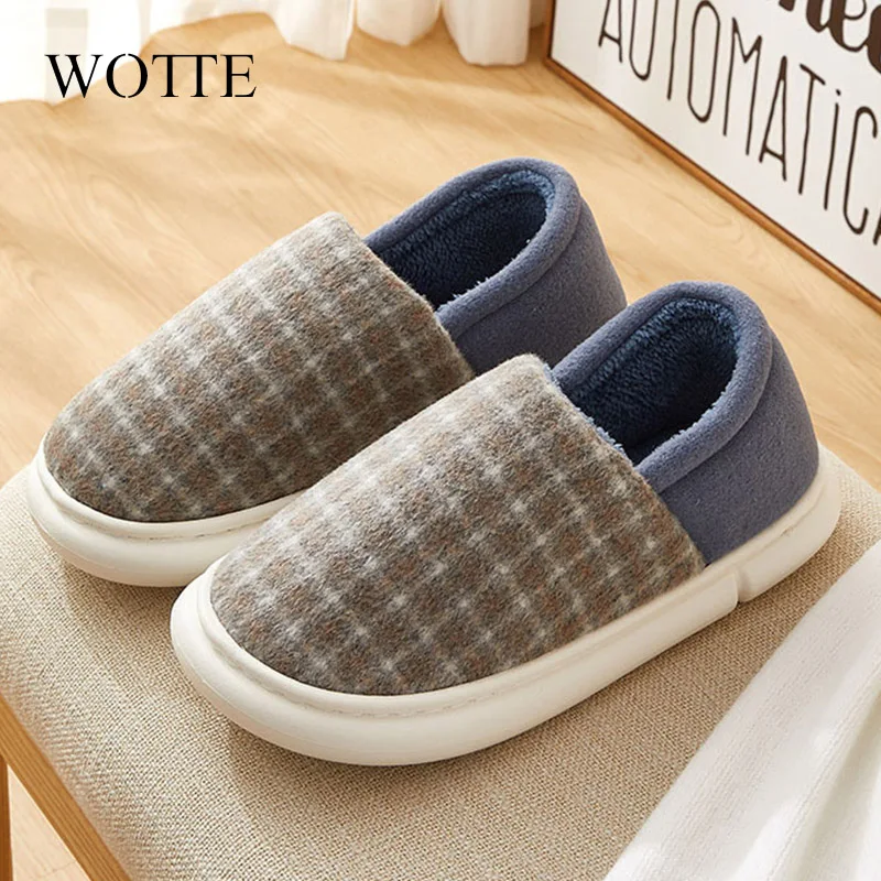 

WOTTE Men Winter Slippers Home Shoes Ladies Warm Plush Indoor Casual Flats Couple Shoe Comfort New Female Footwear Plus Size