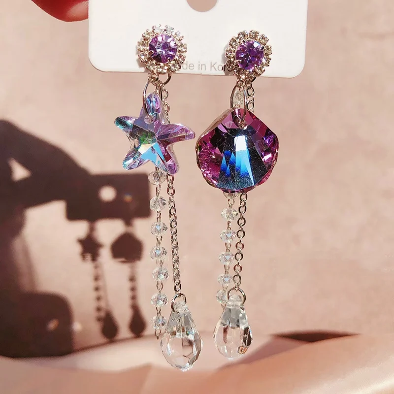 

MENGJIQIAO 2020 Korean Fashion Purple Shell Star Crystal Drop Earrings For Women Girs Holiday Party Pendiente Jewelry Gifts