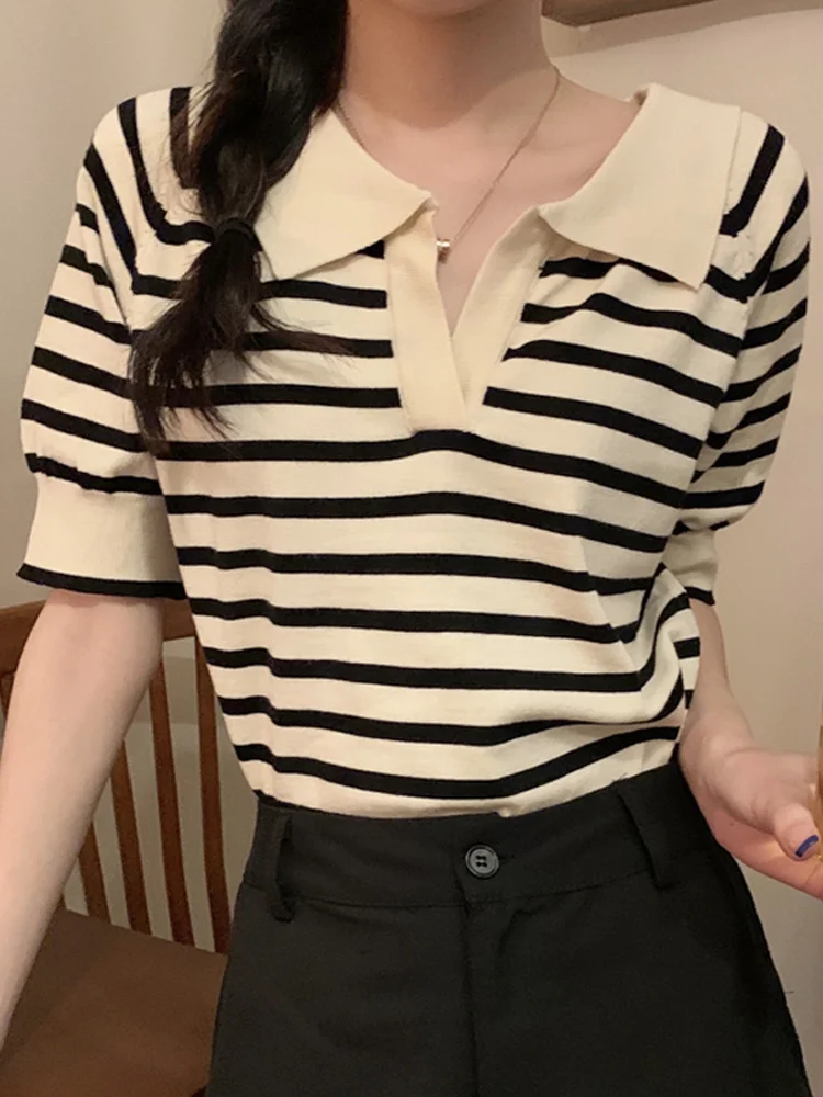 

Polo collar stripe knitted short sleeve women's summer 2021 new design sense French thin ice silk
