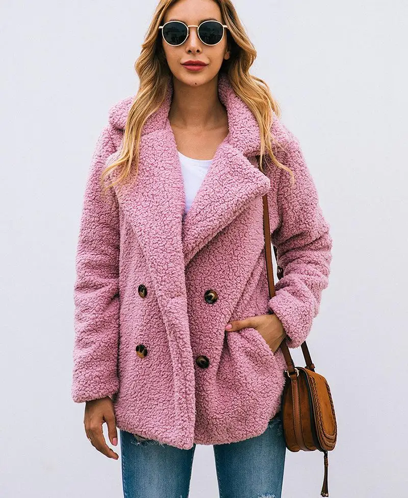 Женская двубортная куртка LUZUZI свободная плюшевая из овечьей кожи с отложным
